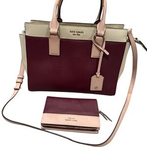 Kate Spade Maroon and Beige Satchel with Matching Wallet